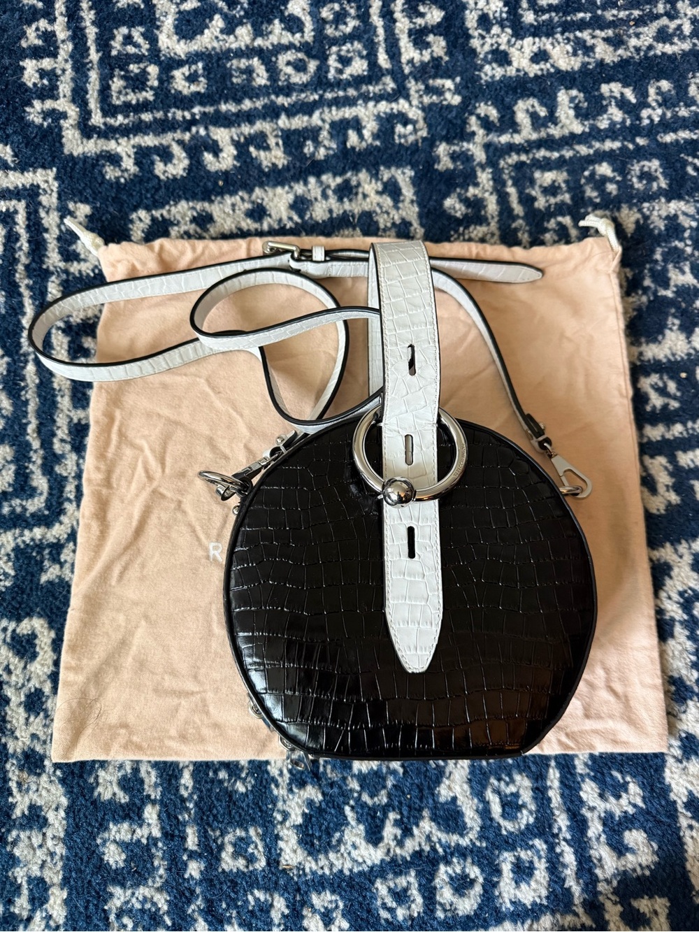 Rebecca Minkoff Black Croc-Embossed Round Crossbody with White Strap